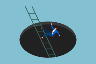 Bir iş adamının merdivenden deliğe düşüşünün vektör çizimi beklenmedik aksilikleri, gizli riskleri ya da kariyer gelişimindeki yanlış adımların sonuçlarını simgeliyor.