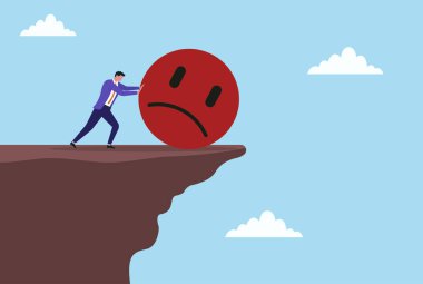 Bir iş adamının hüzünlü bir sembolü dağın tepesinden aşağı itmesinin vektör çizimi, olumsuz yönleri sembolize ediyor, direnci kucaklıyor, olumlu ve başarılı olmak için çabalıyor.