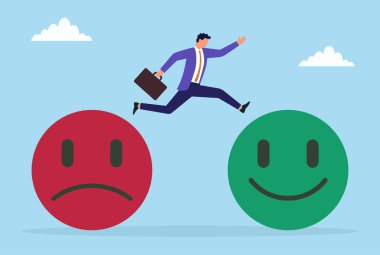 Hüzünlü bir ikondan mutlu bir ikona atlayan bir iş adamının vektör çizimi, müşteri geribildiriminin olumlu değişimi nasıl etkilediğini ve genel memnuniyeti nasıl artırdığını sembolize ediyor.