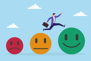 Küçük üzgün bir ikondan büyük mutlu bir ikona atlayan bir iş adamının vektör çizimi, müşteri geribildiriminin olumlu dönüşümü ve iş gelişimini sembolize ediyor.