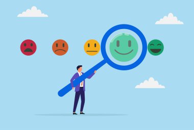 Müşteri geribildirimini geniş bir büyüteçle analiz eden bir işadamının vektör çizimi, ayrıntılı incelemeyi sembolize eder ve müşteri deneyiminin geliştirilmesine odaklanır.