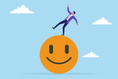 Devasa bir mutlu ikonun üzerinde durarak dengeyi korumaya çalışan bir iş adamının vektör çizimi, pozitifliği ve müşteri memnuniyetini sürdürmenin zorluğunu sembolize ediyor