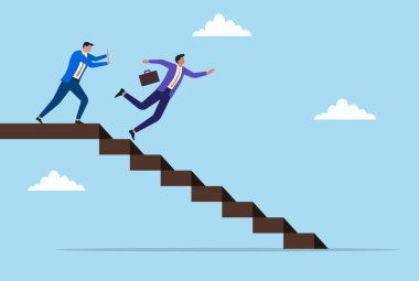 Bir iş adamının başka bir işadamını merdivenlerden itmesinin vektör çizimi ihaneti, hırsı ve kurumsal güç mücadelesinin acı gerçekliğini sembolize ediyor.