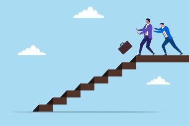 Bir iş adamının başka bir işadamını merdivenlerden itmesinin vektör çizimi ihaneti, hırsı ve kurumsal güç mücadelesinin acı gerçekliğini sembolize ediyor.