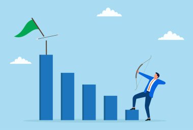 Bir bar grafiğinin tepesindeki bayrağa ok atan bir işadamının vektör çizimi odak, hassasiyet, hedef başarı ve stratejik iş büyümesini sembolize ediyor