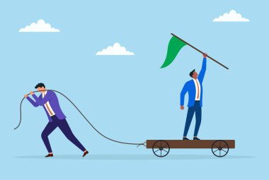 Tramvayda elinde bayrak tutan bir iş adamının vektör illüstrasyonu, başka bir işadamı tarafından iple çekiliyor, liderliği, takım çalışmasını ve ortak tutkuları simgeliyor.