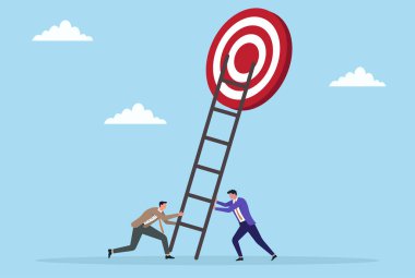 İki iş adamının, takım çalışması, işbirliği ve ortak başarı elde etmek için ortak çabayı temsil eden bir amaç doğrultusunda merdivenleri birlikte kaldırmasının vektör çizimi