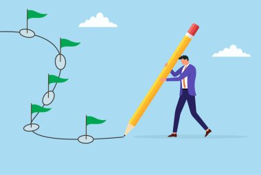 Bir işadamının mihenk taşı bayrakları çizmesi, hedef belirleme, stratejik vizyon ve ticari büyüme ve başarı yolunda önemli başarılar işaretlemesi