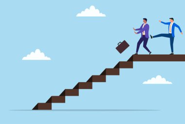 Bir iş adamının başka bir işadamını merdivenlerden iterken gösterilen vektör çizimi iş yerindeki acımasız hırs, ihanet ve acımasız rekabeti temsil ediyor.