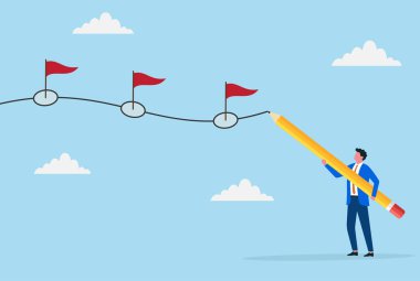 Bir iş adamının, dev bir kalem kullanarak, hedef belirleme, planlama ve stratejik ilerleme takibini sembolize ederek kilometre taşı bayraklarıyla bir zaman çizelgesi çizmesinin vektör çizimi