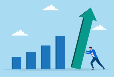 Yükselen ok çubuğunu iten bir işadamının vektör çizimi, kararlılığı, çabayı ve iş büyümesini ve yükselen ilerlemeyi sembolize ediyor