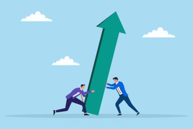 Yukarı doğru dev bir oku desteklemek ve kaldırmak için işbirliği yapan iki işadamının vektör çizimi, takım çalışmasını, yükselen başarıyı, kolektif büyümeyi ve iş ilerlemesini simgeliyor