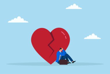 Depresyondaki bir iş adamının, kırık bir aşk işaretinin altında oturmasının vektör çizimi, kalp kırıklığını, duygusal mücadeleyi ve kişisel kaybın profesyonel hayat üzerindeki etkisini simgeliyor.