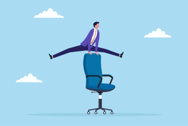 Bir iş adamının enerji dolu bir şekilde sandalyenin üzerinden atlamasının, çevikliği sembolize etmesinin, engelleri aşmasının, uyum sağlayabilmesinin ve rekabetçi bir iş ortamında hızlı ilerlemenin temsilcisi.