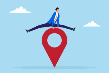 Bir iş adamının konum simgesinin üzerinden atlamasının vektör çizimi, zorlukların üstesinden gelmeyi sembolize ediyor, yeni yollarda geziniyor ve dinamik bir işte başarı için çabalıyor.