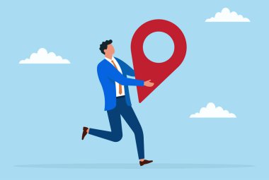 Bir konum ikonu ile çalışan bir işadamının vektör çizimi, stratejik iş hedeflerine ulaşmak ve yeni fırsatlara yön vermek için hırsı, hızı ve odaklanmış güdüyü sembolize ediyor.