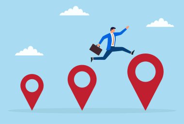 Küçük bir konum ikonundan büyük bir konuma atlayan bir iş adamının vektör çizimi, iş büyümesini, büyümesini veya yerel bir pazar varlığından daha geniş bir pazara ilerlemeyi simgeliyor.