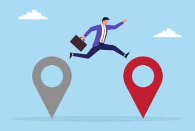 Sıkıcı bir konum ikonundan parlak bir konuma atlayan bir iş adamının vektör çizimi, daha iyi fırsatlara, büyümeye ve stratejik iş değişikliğine yönelik hamleyi sembolize ediyor