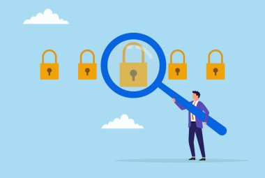 Büyük bir büyüteçle kilidi analiz eden bir iş adamının vektör çizimi, detaylı güvenlik denetimi, risk değerlendirmesi ve varlıkları korumaya odaklanma.