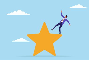 Dev bir yıldız işaretinin üzerinde durarak dengeyi korumaya çalışan bir iş adamının vektör çizimi, müşteri değerlendirmelerini yönetme ve itibarını koruma zorluklarını sembolize ediyor.