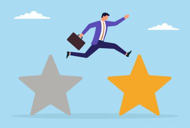 Sıkıcı bir yıldız işaretinden parlak bir tanesine atlayan bir iş adamının vektör illüstrasyonu, müşteri değerlendirmelerindeki gelişmeyi, itibarı ve iş dünyasındaki büyümeyi sembolize ediyor.