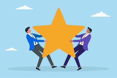 İki iş adamının bir yıldız işareti için kavga etmesinin vektör çizimi, olumlu müşteri değerlendirmeleri, itibar ve iş dünyasının en yüksek reytingleri için çabalamayı sembolize ediyor.