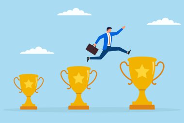 Küçük bir kupadan büyük bir kupaya atlayan bir iş adamının vektör çizimi, büyümeyi, başarıyı ve iş dünyasında daha fazla başarı ve tanınmayı simgeliyor.