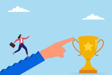 Altın kupaya doğru koşan bir iş kadınının vektör çizimi, takım çalışmasını, desteği, hırsı ve başarı ve mükemmelliği simgeliyor.