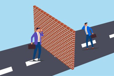 Duvarın yanında duran ve bağıran bir işadamının vektör çizimi, diğer taraftan gelen bir işadamı ise bir bariyerin ötesindeki iletişimi veya bölünmeyi temsil ediyor.