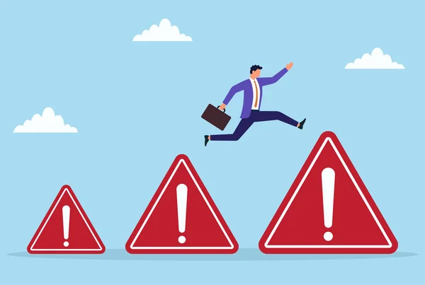 Küçük bir uyarı ikonundan büyük bir ikona atlayan bir işadamının vektör çizimi, küçük sorunlardan büyük risklere veya büyüyen iş sorunlarına geçişi simgeliyor