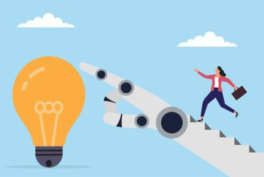 Bir iş kadınının ampule doğru koşmasının vektör illüstrasyonunu robot bir el takip eder, yeniliği, yapay zeka desteğini, yaratıcılığı ve iş fikirlerinin geleceğini sembolize eder.
