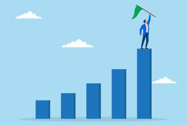 Elinde yeşil bir bayrak tutan, başarıyı, liderliği ve iş geliştirme kilometre taşlarını simgeleyen bir işadamının temsili.