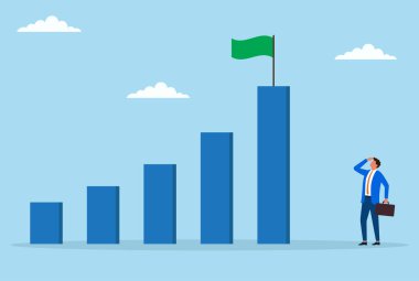 En yüksek noktada yeşil bayrak taşıyan bir bar tablosunu gözlemleyen bir işadamının vektör çizimi, iş büyümesini, başarıyı ve hedef başarısını simgeliyor.