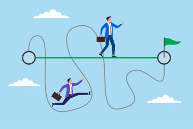 İki iş adamının bir kilometre taşına uzanan vektör çizimi, biri düz, doğrudan bir yolu takip ederken, diğeri ise dolambaçlı, zorlu bir yolda, başarıya giden farklı yolları temsil ediyor.