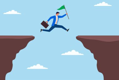 Elinde bir bayrak tutarken bir dağın zirvesinden diğerine atlayan bir iş adamının vektör çizimi, hırsı, başarıyı ve zorlukların üstesinden gelmeyi simgeliyor.