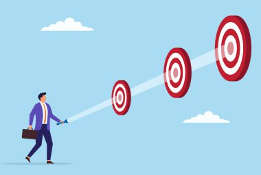 Kısa vadeli, orta vadeli ve uzun vadeli hedeflere odaklanan, stratejik odaklanma, vizyon ve zaman çerçeveleri boyunca hedefe yönelik planlamayı sembolize eden bir işadamının vektör çizimi