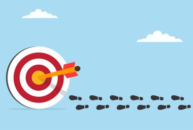 Hedefe doğru hareket eden ayak izlerinin vektör çizimi, kasıtlı adımları, sürekli ilerlemeyi ve hedeflerin ve başarının saptanmasını temsil eder.