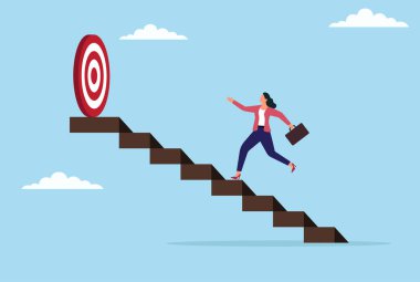 Hedefe doğru merdivenlerden çıkan bir iş kadınının vektör çizimi kararlılığı, hedef arayışı, kariyer büyümesi ve iş hayatında başarı için çabalamayı simgeliyor.