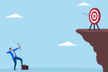 Bir dağın tepesindeki hedefe ok atan bir işadamının vektör çizimi, hırsı, hedef belirlemeyi, kararlılığı ve stratejik başarı arayışını sembolize ediyor.