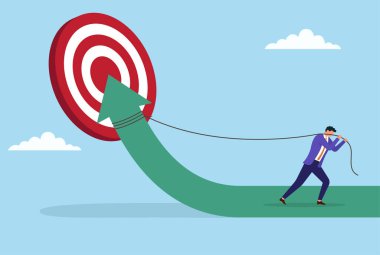 Bir iş adamının hedefine giden yolu bir iple çekmesinin vektör çizimi, iş hedeflerine ulaşmada kararlılığı, çabayı ve stratejik odaklanmayı sembolize ediyor.