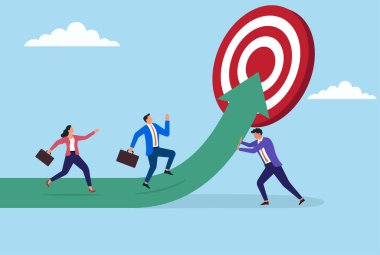 İşletme ekibinin yükselen yeşil oka tırmanmasının vektör çizimi, bir üyenin onu yukarı itmesiyle, takım çalışmasını, çabayı ve ortak hedeflere ulaşma güdüsünü sembolize ediyor.