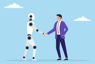 Daha iyi bir gelecek için insanlarla yapay zeka arasındaki işbirliğini ve ortaklığı sembolize eden bir iş adamı ve robotun vektör çizimi