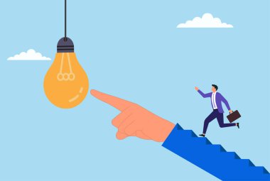 Bir ampule doğru koşan bir iş adamının vektör çizimi, rehberliği, desteği ve yenilikçi fikirler ve yaratıcılığa doğru yolculuğu sembolize ediyor.