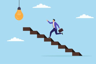 Bir iş adamının ampule doğru merdivenlerden çıkışının vektör çizimi, yenilik, büyüme, parlak fikirler ve yaratıcı iş çözümlerini sembolize ediyor.