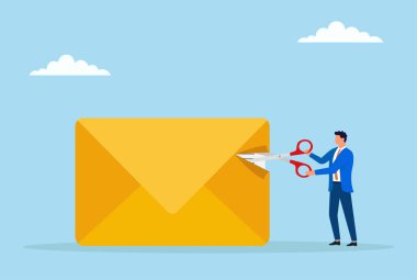 Bir iş adamının kesme ve makasla zarf açmasının vektör çizimi, gizli bilgilere erişimi sembolize etmek, önemli postaları açmak veya hassas iş iletişimini ele almak