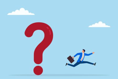 Büyük bir soru işaretinden kaçan bir iş adamının vektör çizimi belirsizlik korkusunu, zor kararlardan kaçınmayı, iş sorunlarını ve şüpheyi simgeliyor.