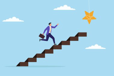 Bir iş adamının bir yıldıza doğru koşan bir merdivenin vektör çizimi, olumlu müşteri değerlendirmeleri, yüksek reytingler ve iş mükemmelliğine giden yolculuğu sembolize ediyor.