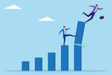 Rekabet, ihanet ve etik olmayan kurumsal taktikleri sembolize ederek bir iş adamının başka bir ilerlemeyi sabote etmek için bir bar grafiğini tekmeleyişini gösteren temsilci illüstrasyonu