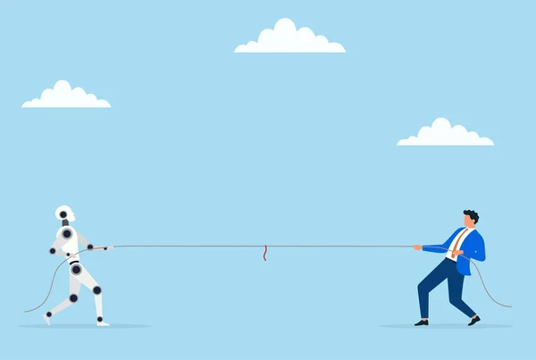 Başarıya ulaşmak için yarışan bir robot ve işadamının vektör çizimi, yeniliklerin geleceğini şekillendirmek için insan ve yapay zeka arasındaki yarışı sembolize ediyor.