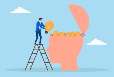 Merdivenlerde duran ve açık bir kafaya ampul takan bir iş adamının vektör çizimi, bilgiyi, yaratıcılığı, yeniliği ve fikir gelişimini sembolize ediyor.